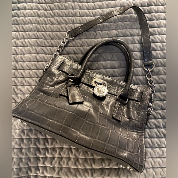 MICHAEL KORS Embossed Leather Gray Crocodile Hamilton Medium Satchel - Picture 1 of 8